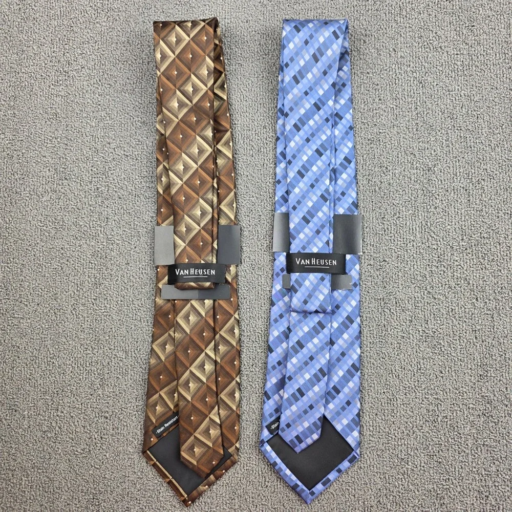 Van Heusen Silk Tie Set Mens Brown Blue Geometric Plaid Stain Resistant OS